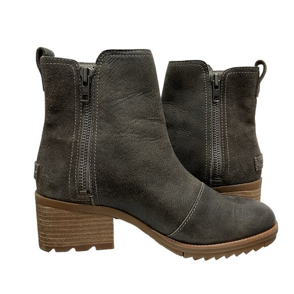 Sorel Womens Cate Leather Heeled Ankle Boots US 7 Army Green Waterproof Side Zip - Picture 7 of 10